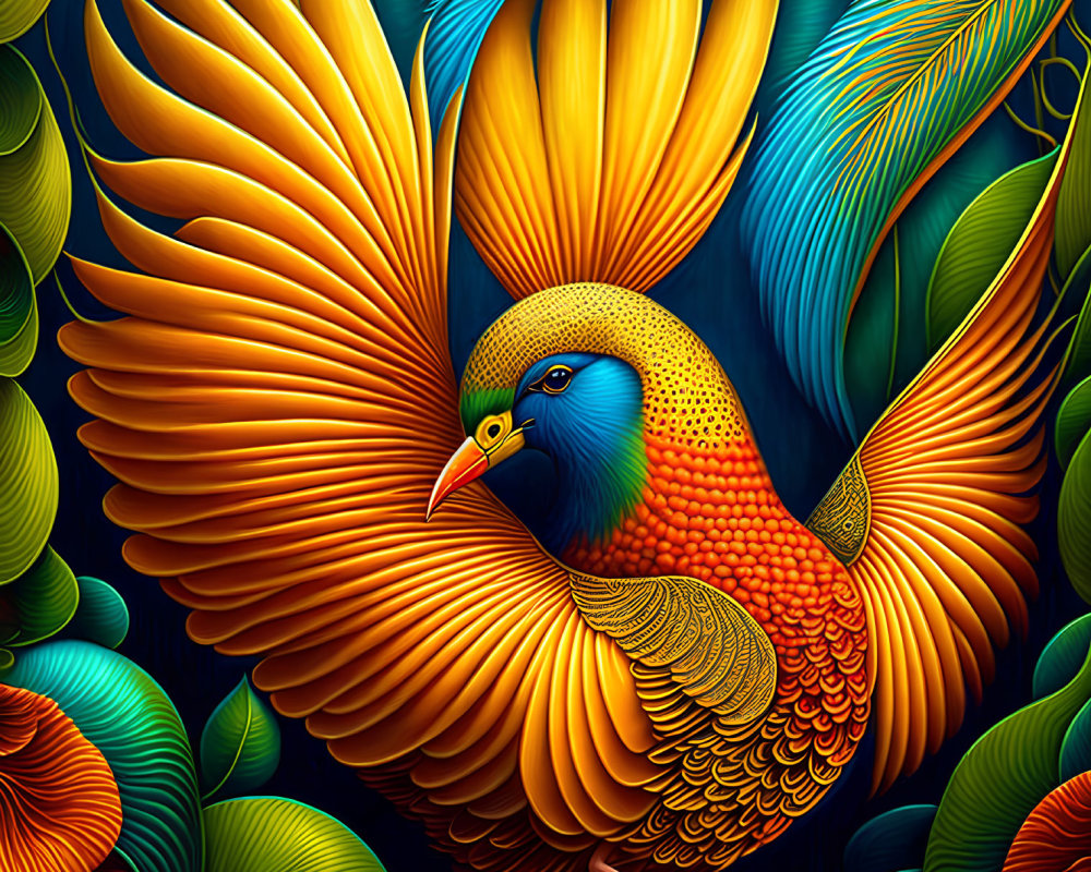 Vibrant digital artwork featuring bird with colorful wings