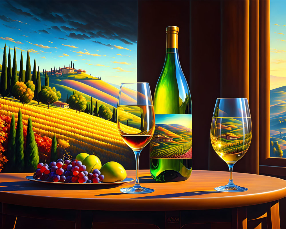 Colorful still-life painting of wine bottle, glasses, grapes on wooden table, Tuscan landscape.