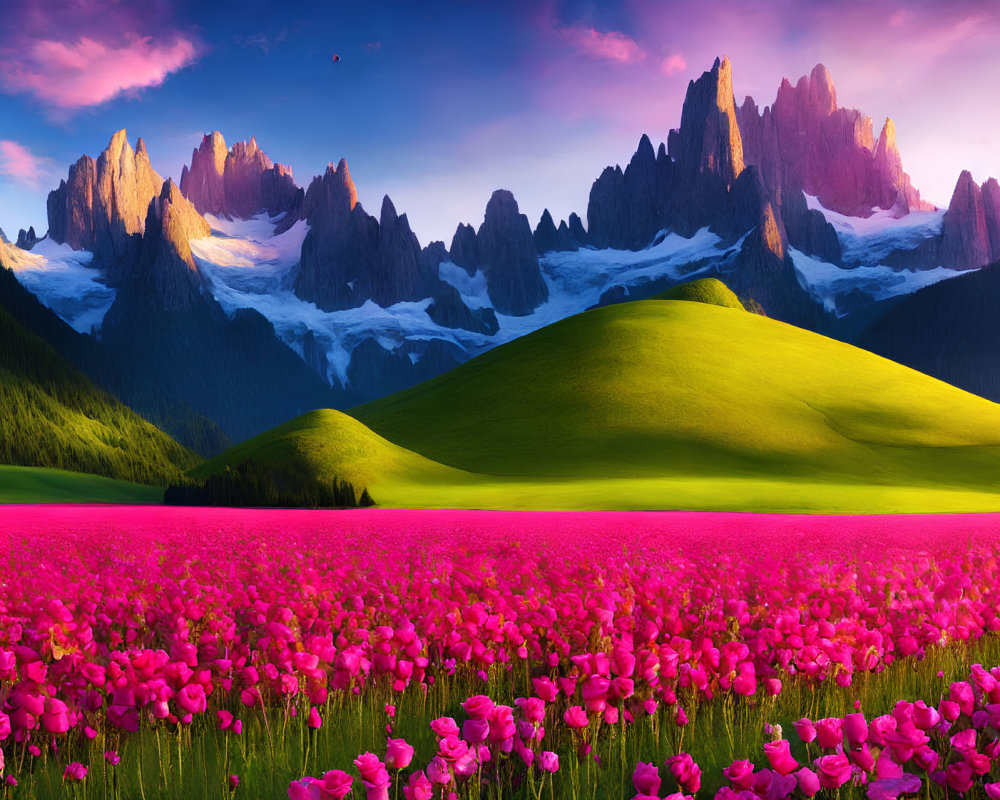 Scenic wildflower field with pink blooms, lush green hills, and jagged mountain peaks against a