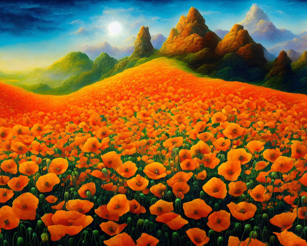 Lush Orange Poppy Field with Rolling Hills and Sunny Sky