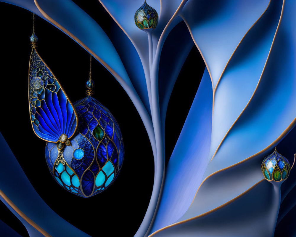 Abstract digital artwork: Elegant blue petals, intricate ornamentation, glowing lanterns on dark backdrop