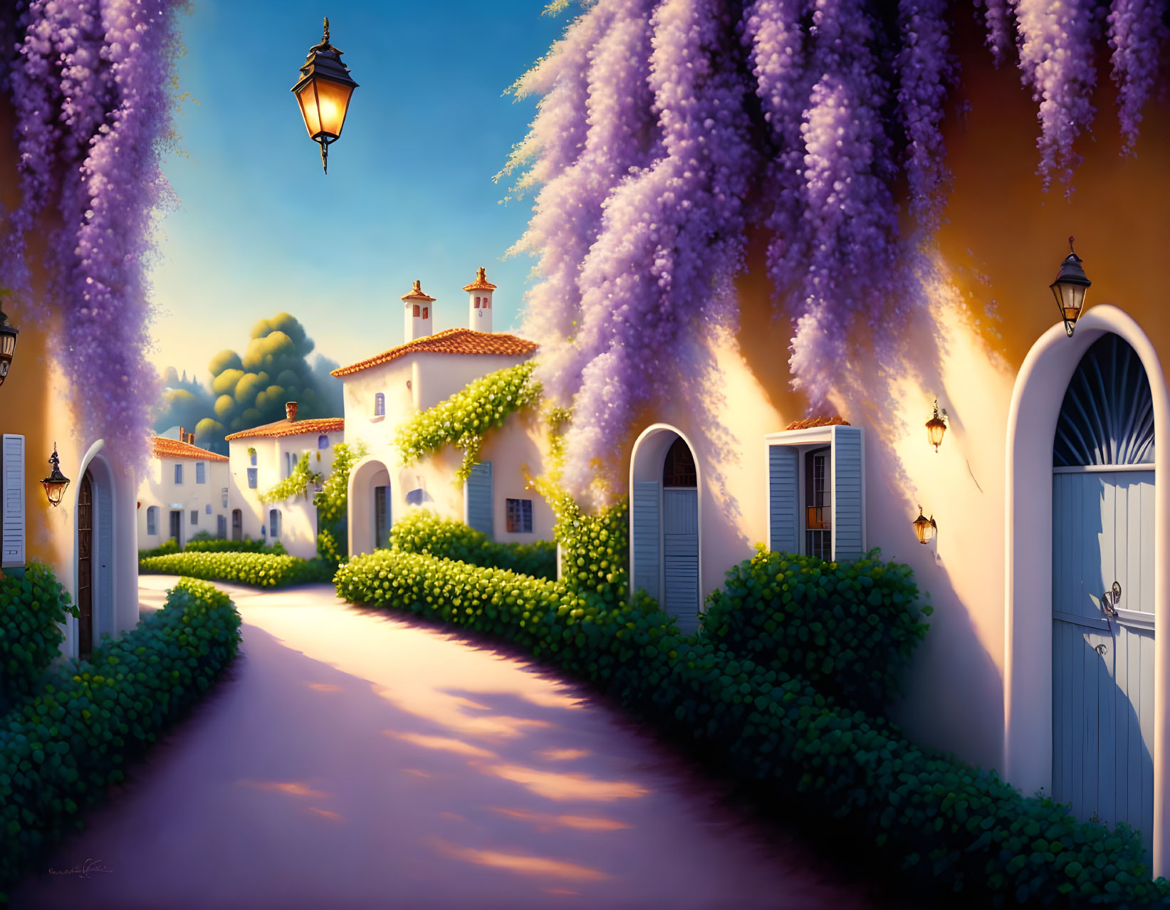 Tranquil street scene with white houses, ivy, wisteria flowers, and vintage lamps