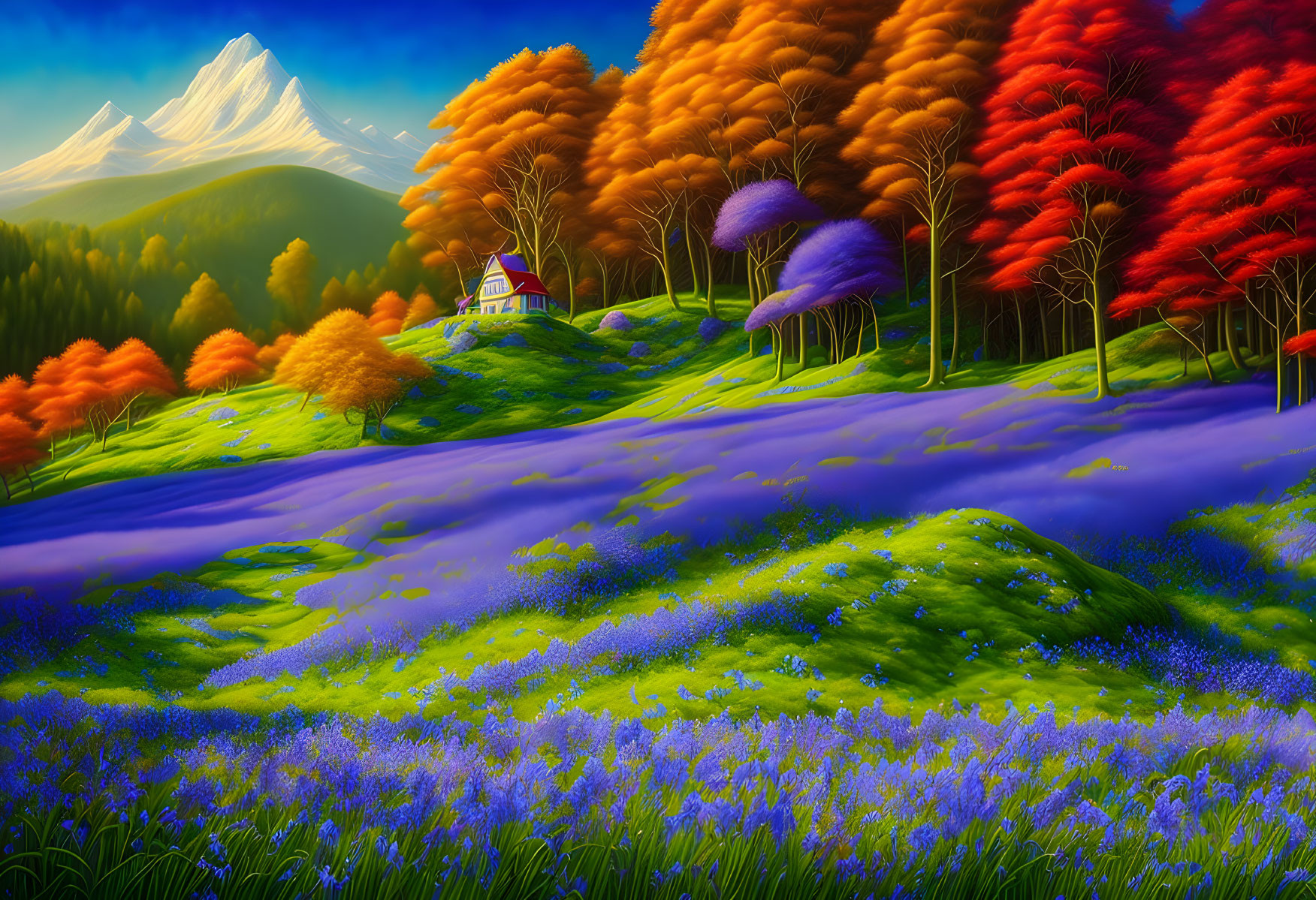 Colorful landscape with small house, multicolored trees, purple fields, and snow-capped mountains