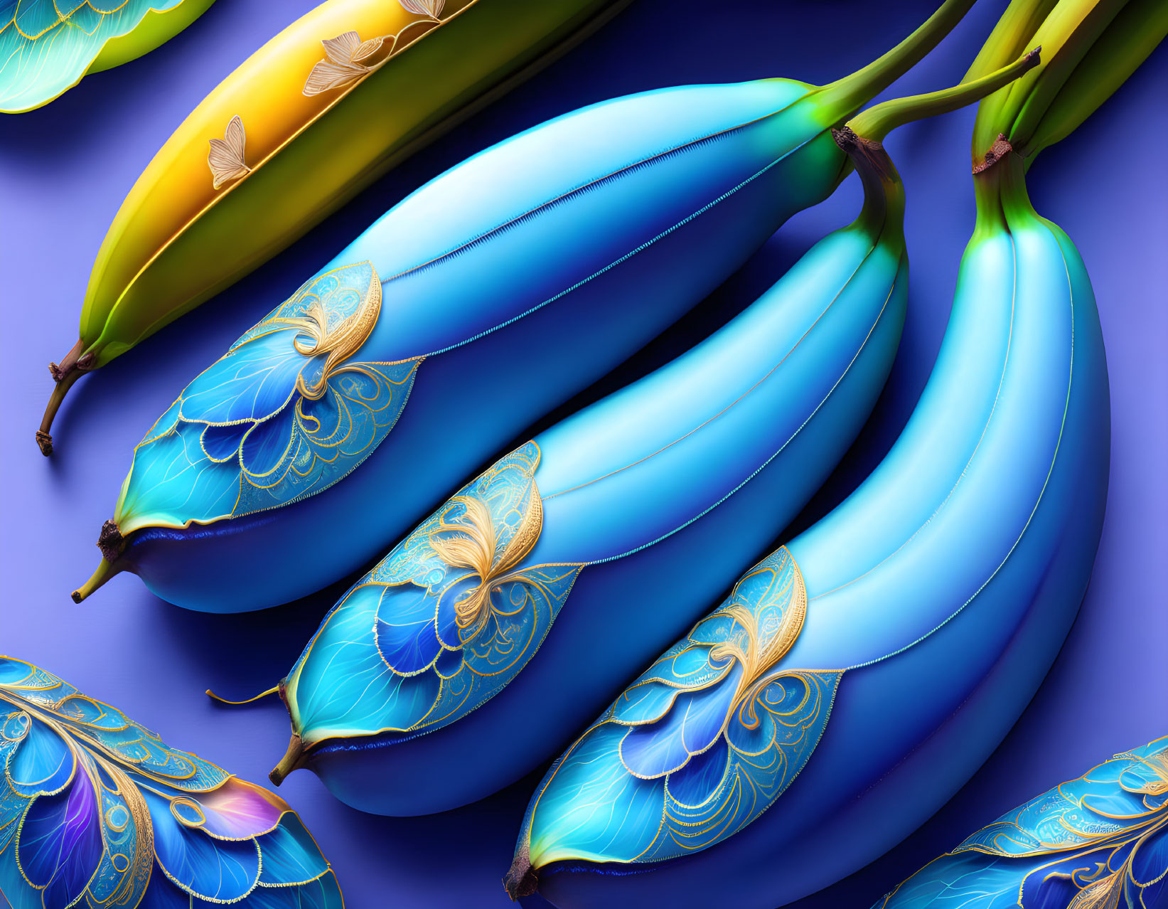 Vibrant blue and gold paisley bananas on purple background with butterflies