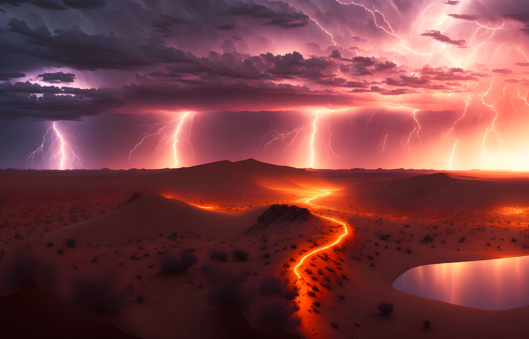 Dramatic desert landscape at dusk with lava flow and lightning strikes