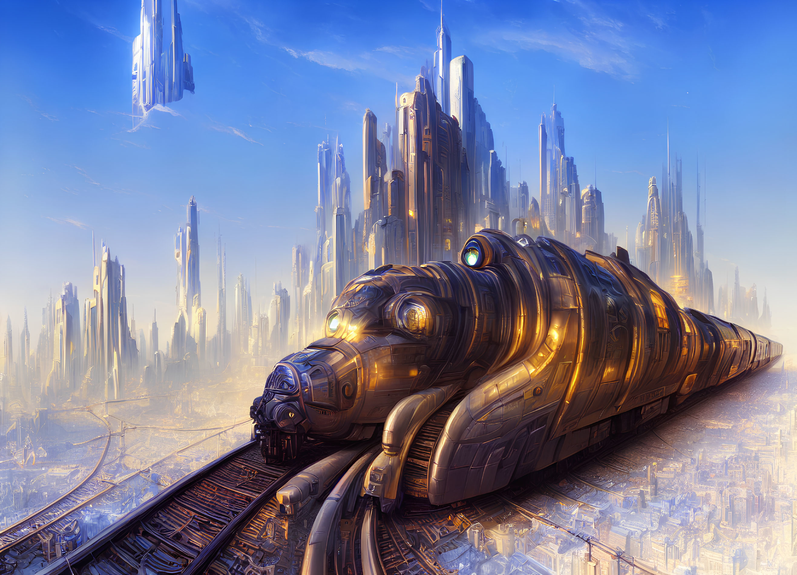 Futuristic cityscape with golden train and skyscrapers