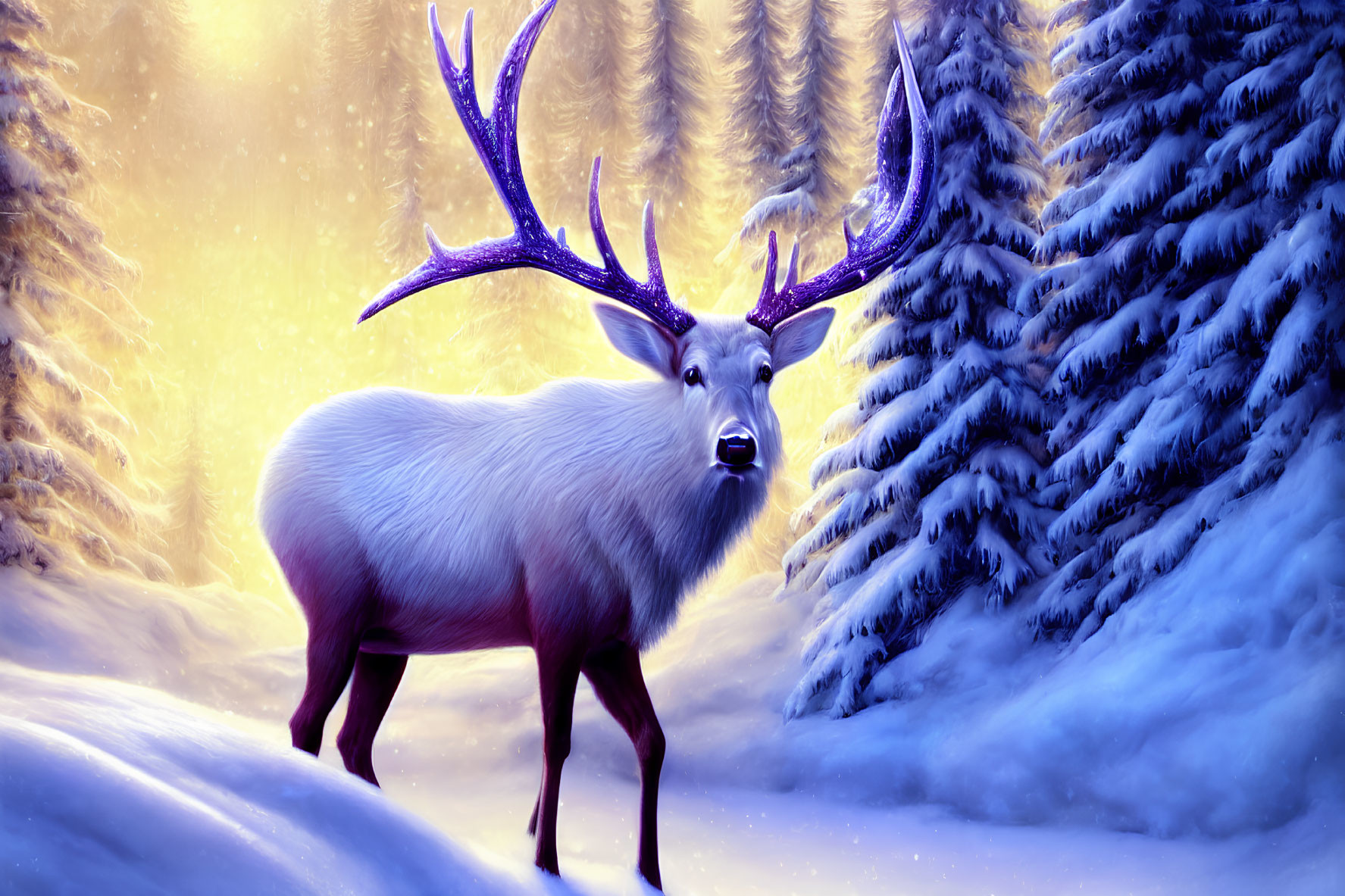 Majestic white stag with purple antlers in snowy forest