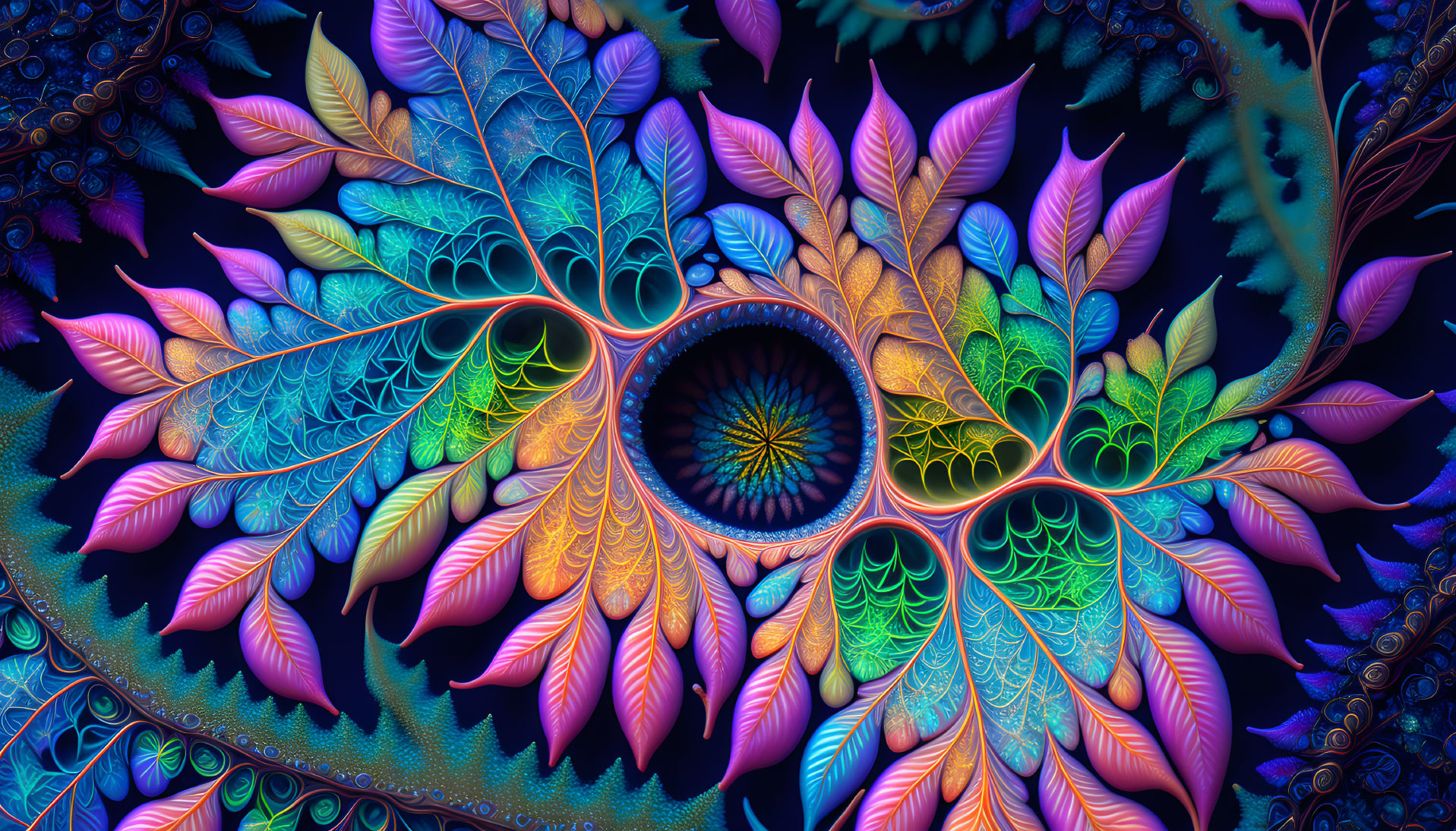 Colorful Fractal Artwork with Leaf-like Shapes in Blue, Purple, and Warm Colors