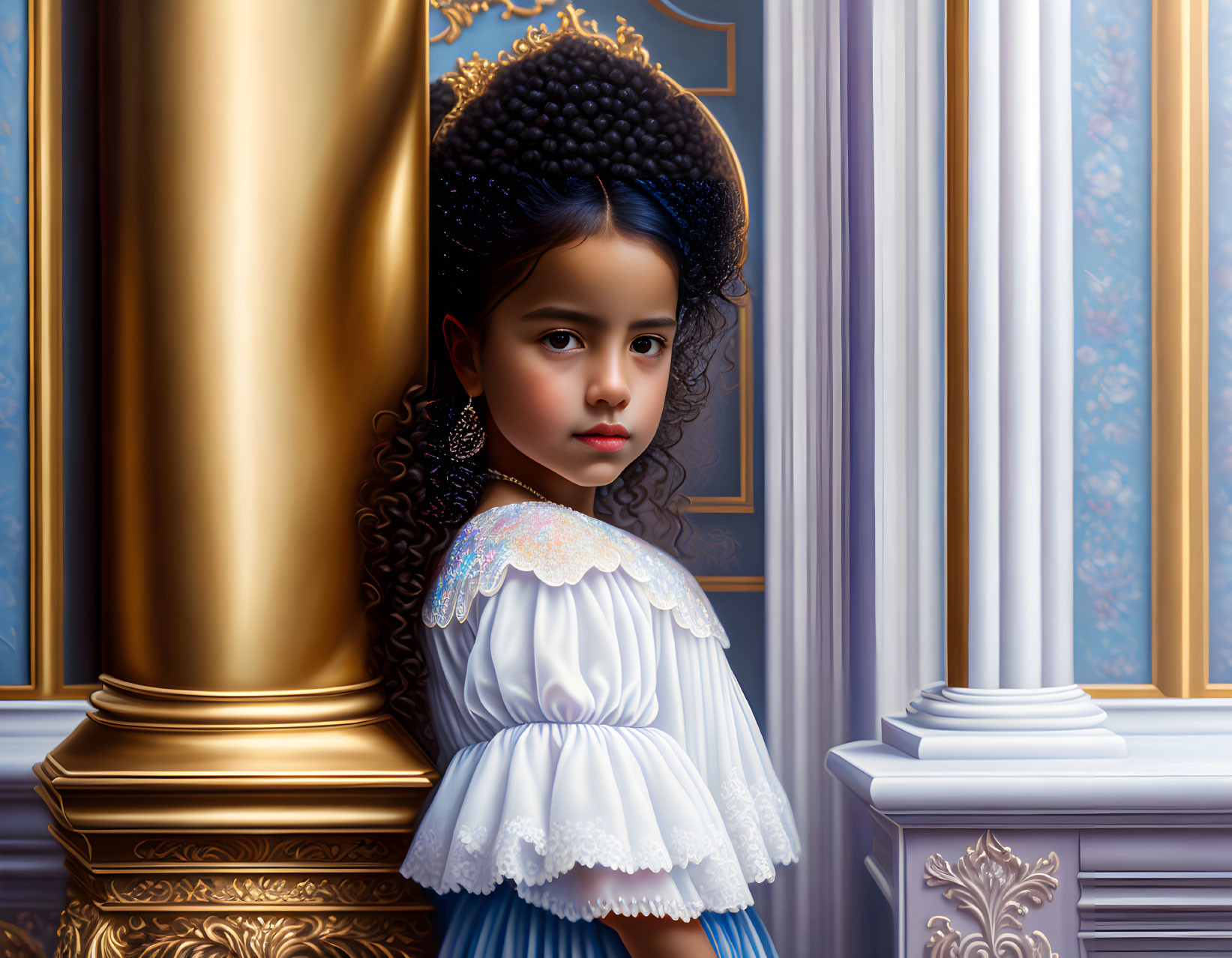 Curly-Haired Girl in Historical Dress in Ornate Classical Room