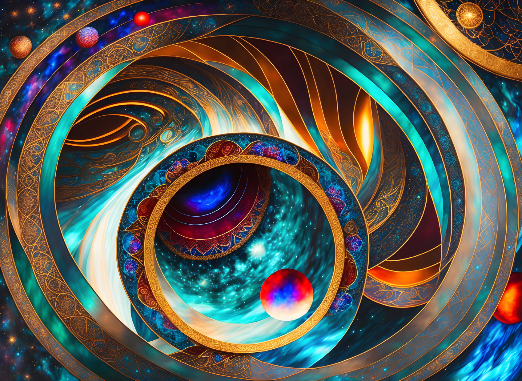 Colorful digital artwork with cosmic patterns and celestial bodies in blues, golds, and reds