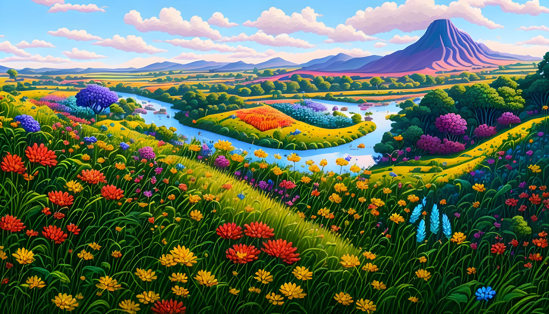 Scenic landscape with river, flowers, and mountain