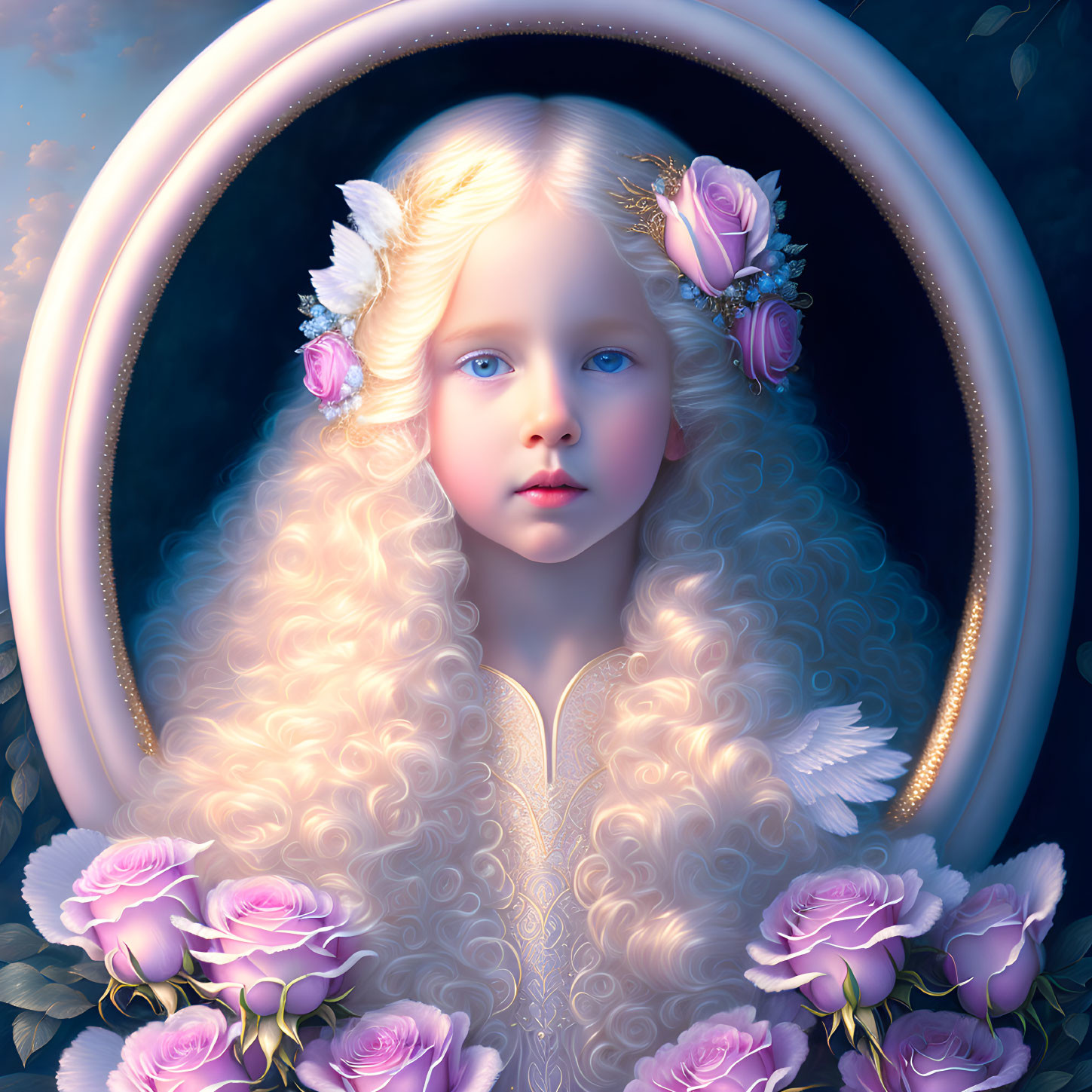 Digital Portrait: Young Girl with Blonde Hair and Pink Roses in Oval Frame