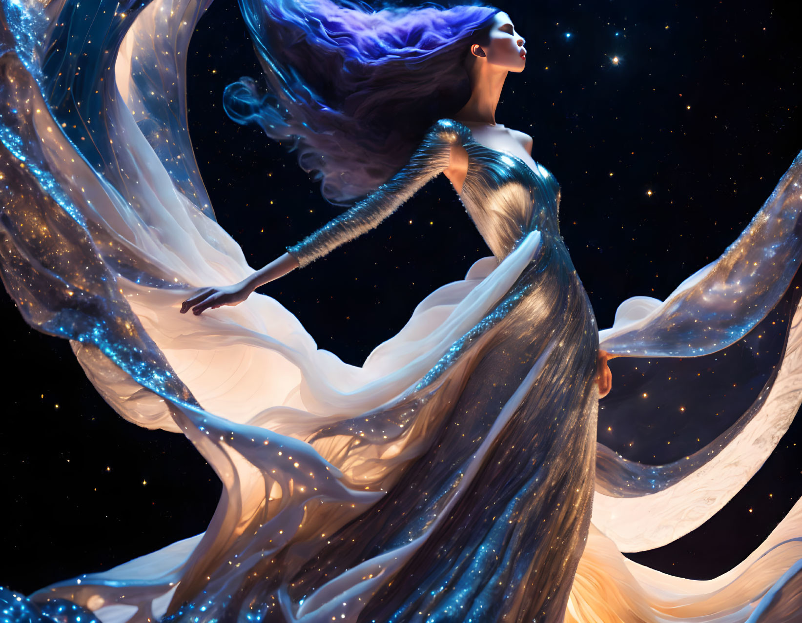 Illustration of woman merging with starry cosmos in flowing robes.