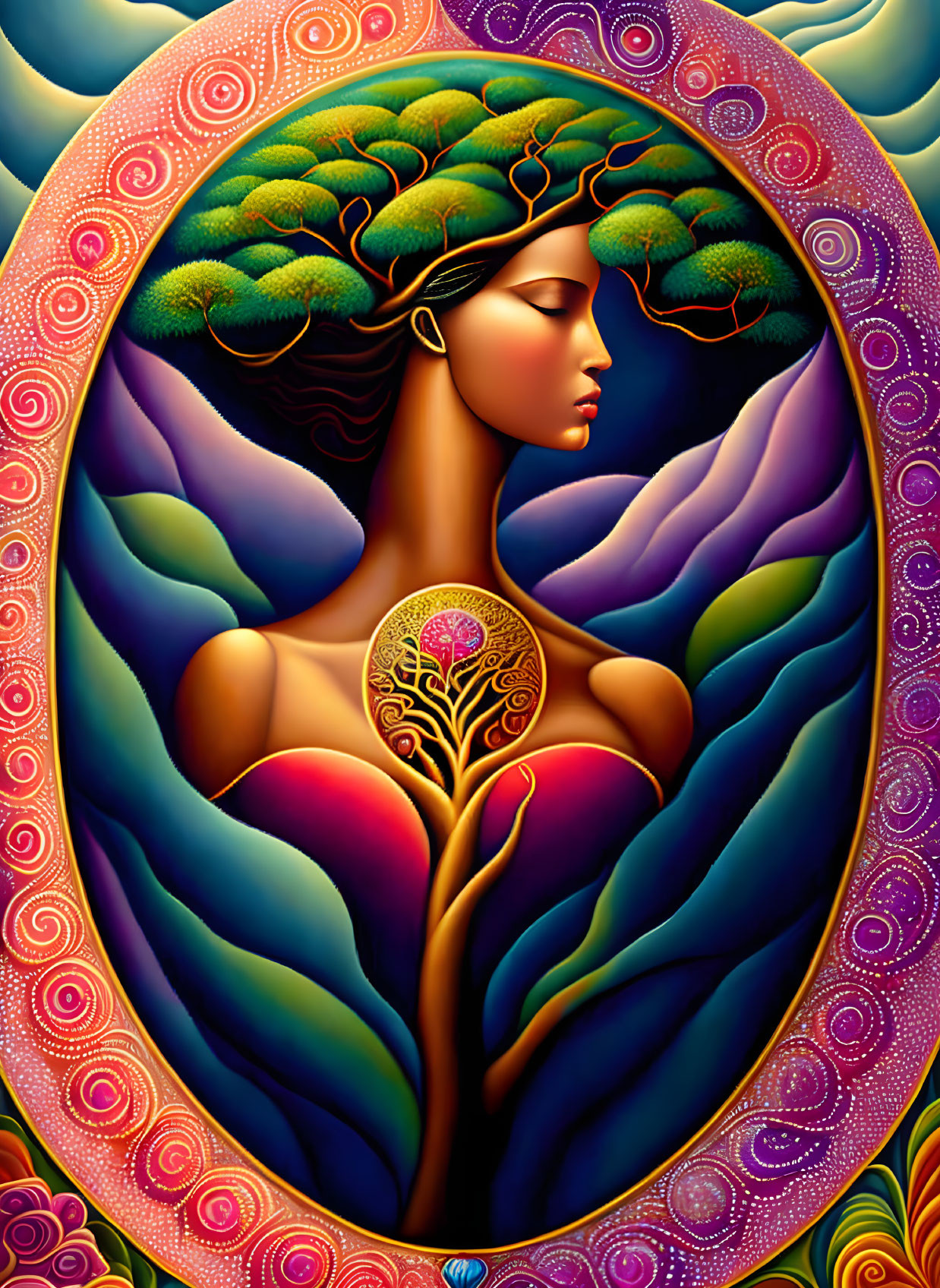 Colorful artwork: Woman with tree growing from body in nature blend