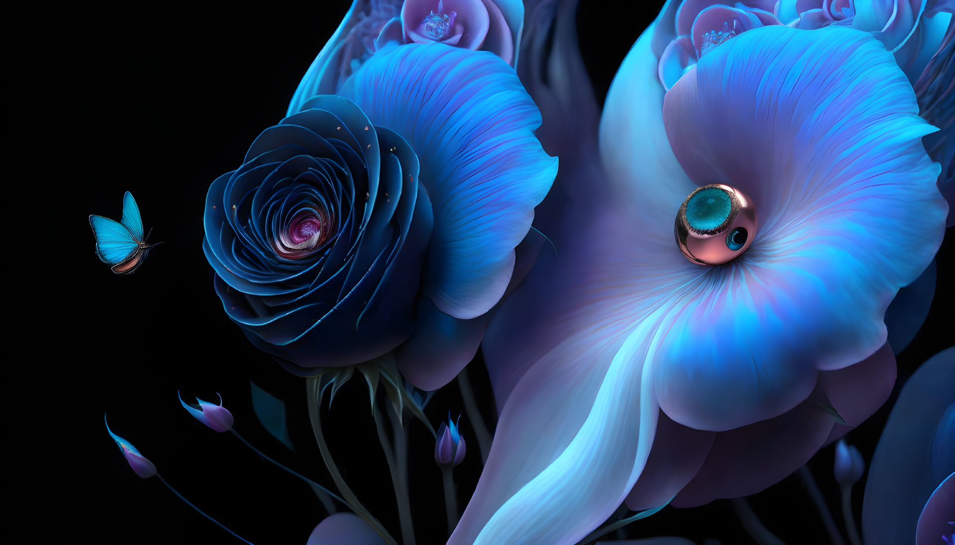 Colorful digital artwork featuring blue roses, butterfly, and eye motif