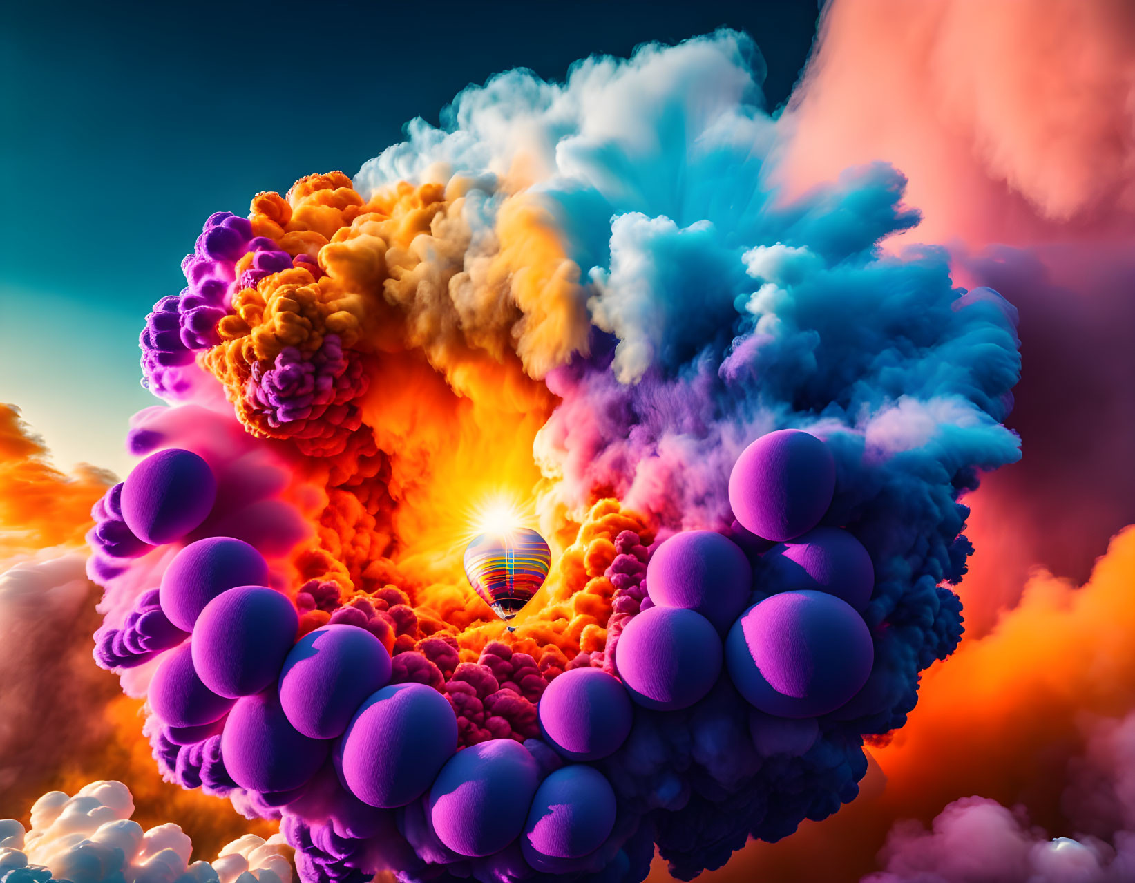 Colorful digital artwork: Cloud explosion with hot air balloon