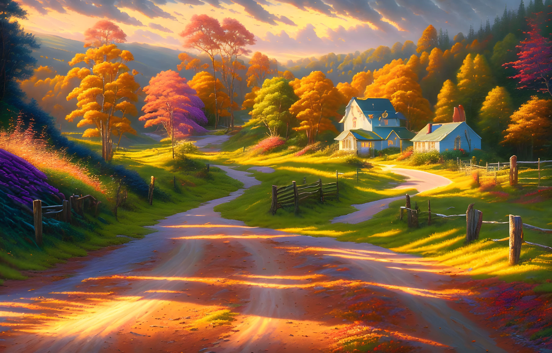 Scenic autumn landscape with winding road and cozy house amid vibrant trees