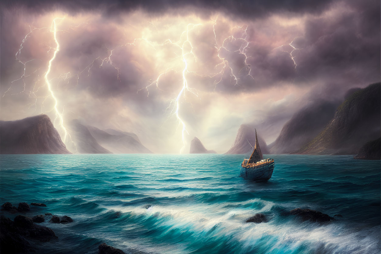 Viking ship navigating stormy sea under dramatic sky