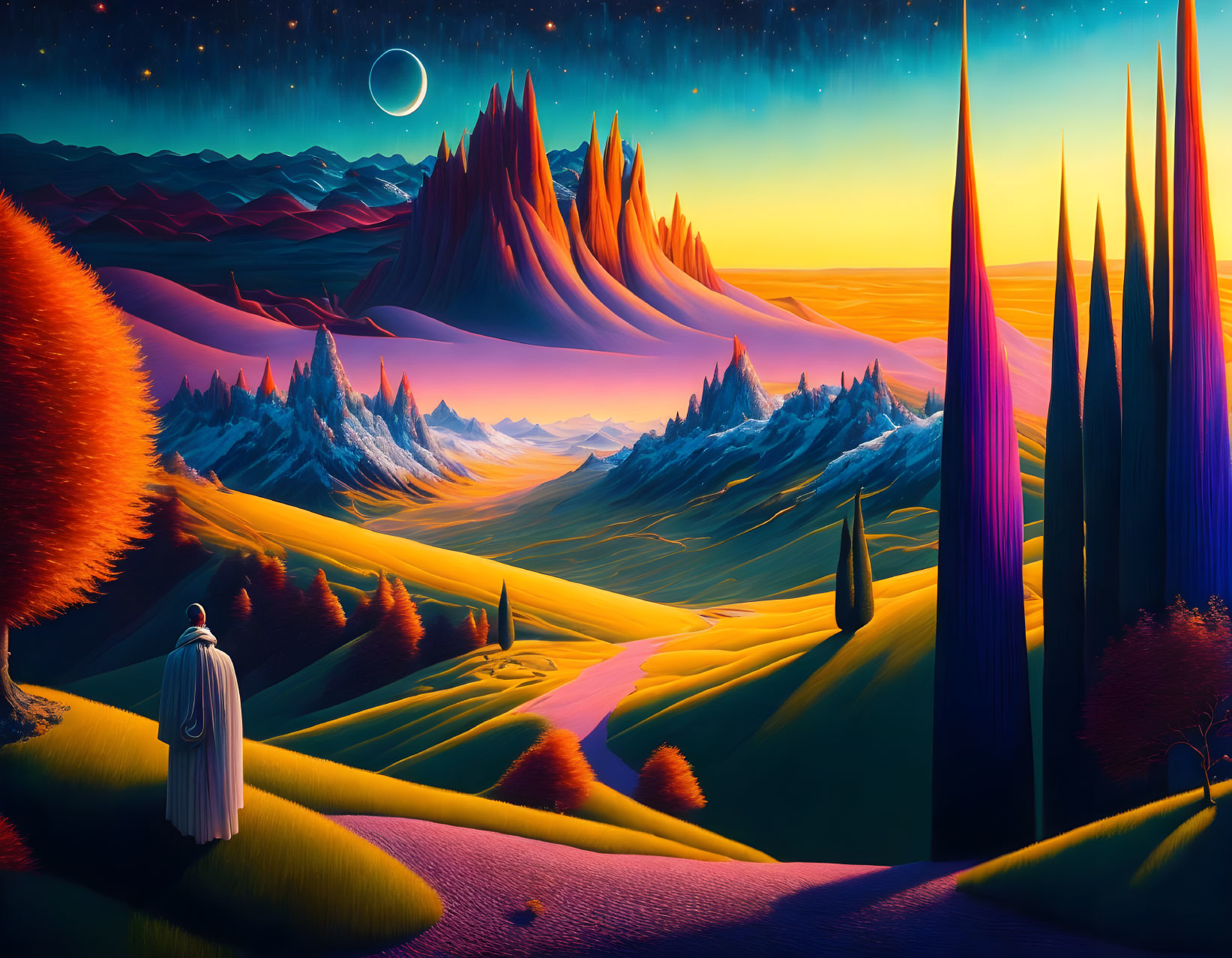 Robed Figure in Surreal Dusk Landscape with Vibrant Colors