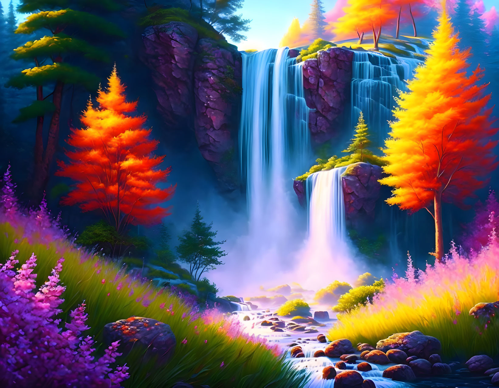 Colorful waterfall painting with trees and flowers in soft light