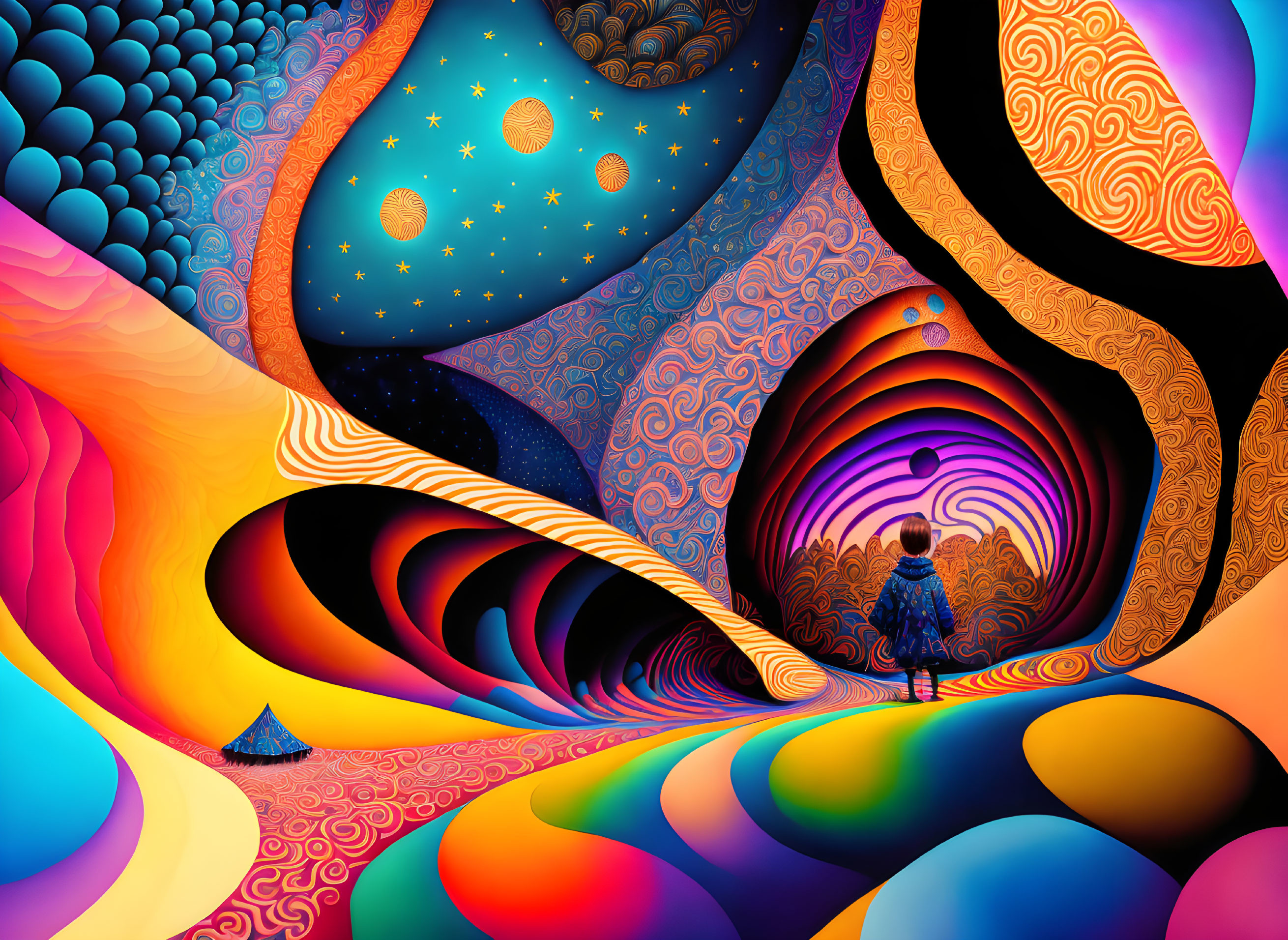 Vibrant digital artwork featuring person at swirling vortex