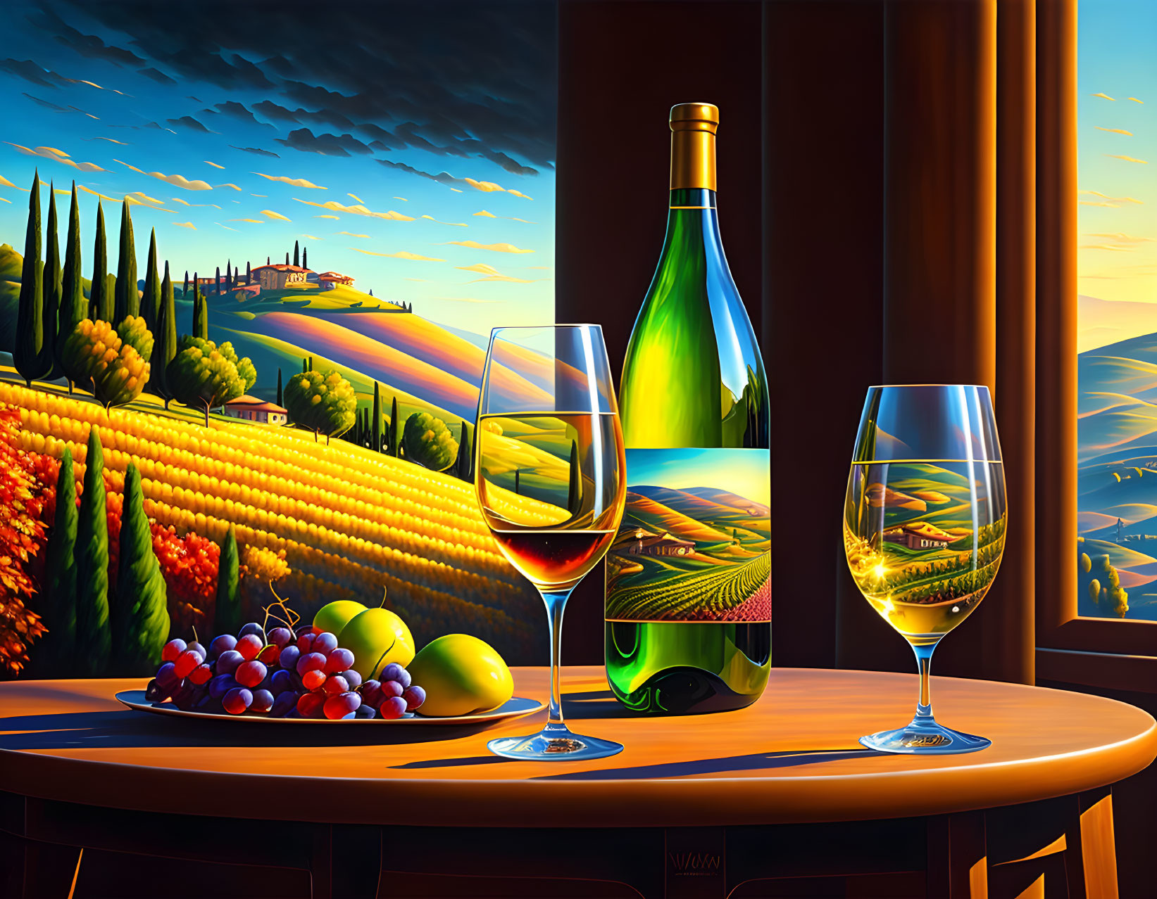 Colorful still-life painting of wine bottle, glasses, grapes on wooden table, Tuscan landscape.