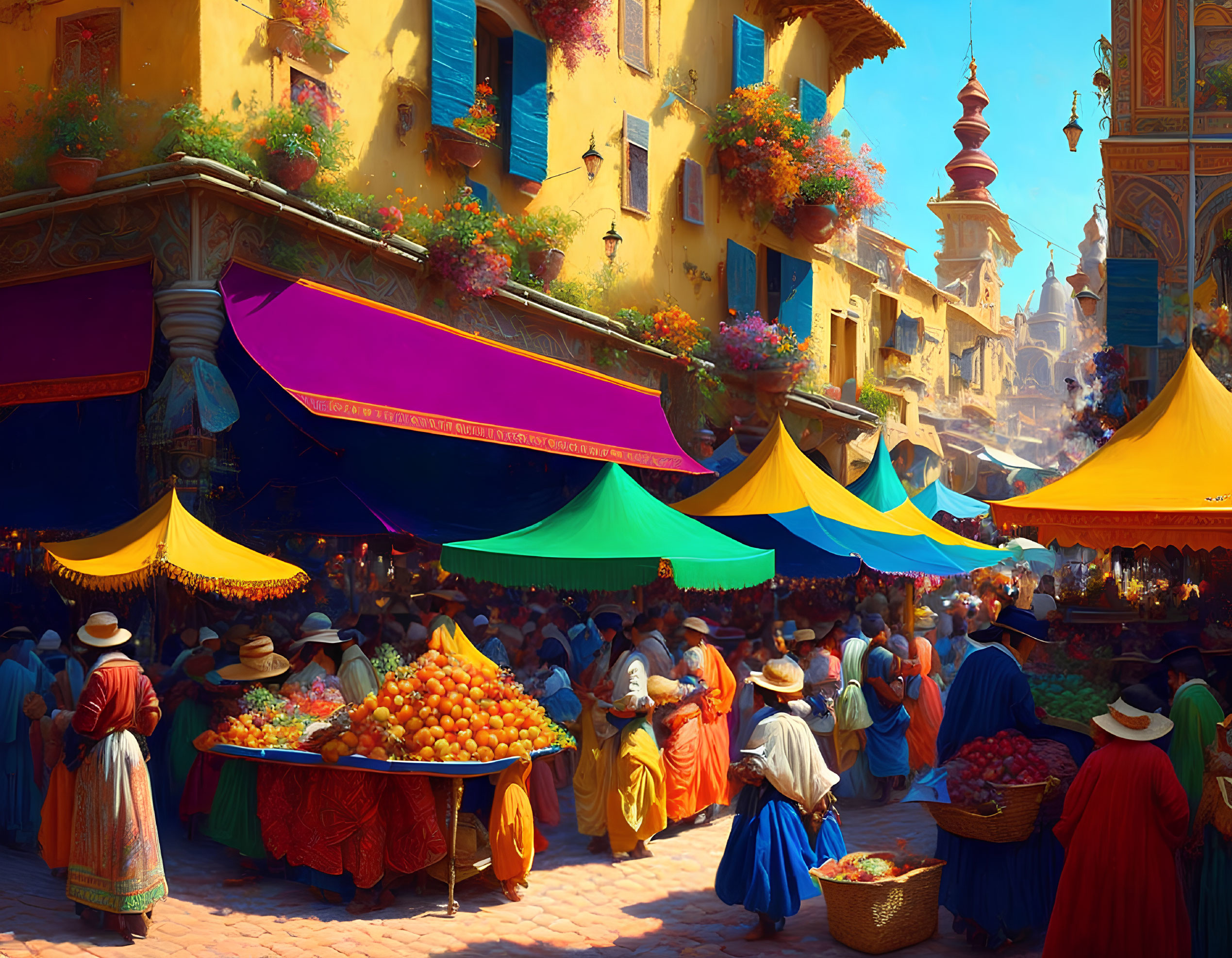 Vibrant Traditional Market with Colorful Canopies and Fruit Stalls