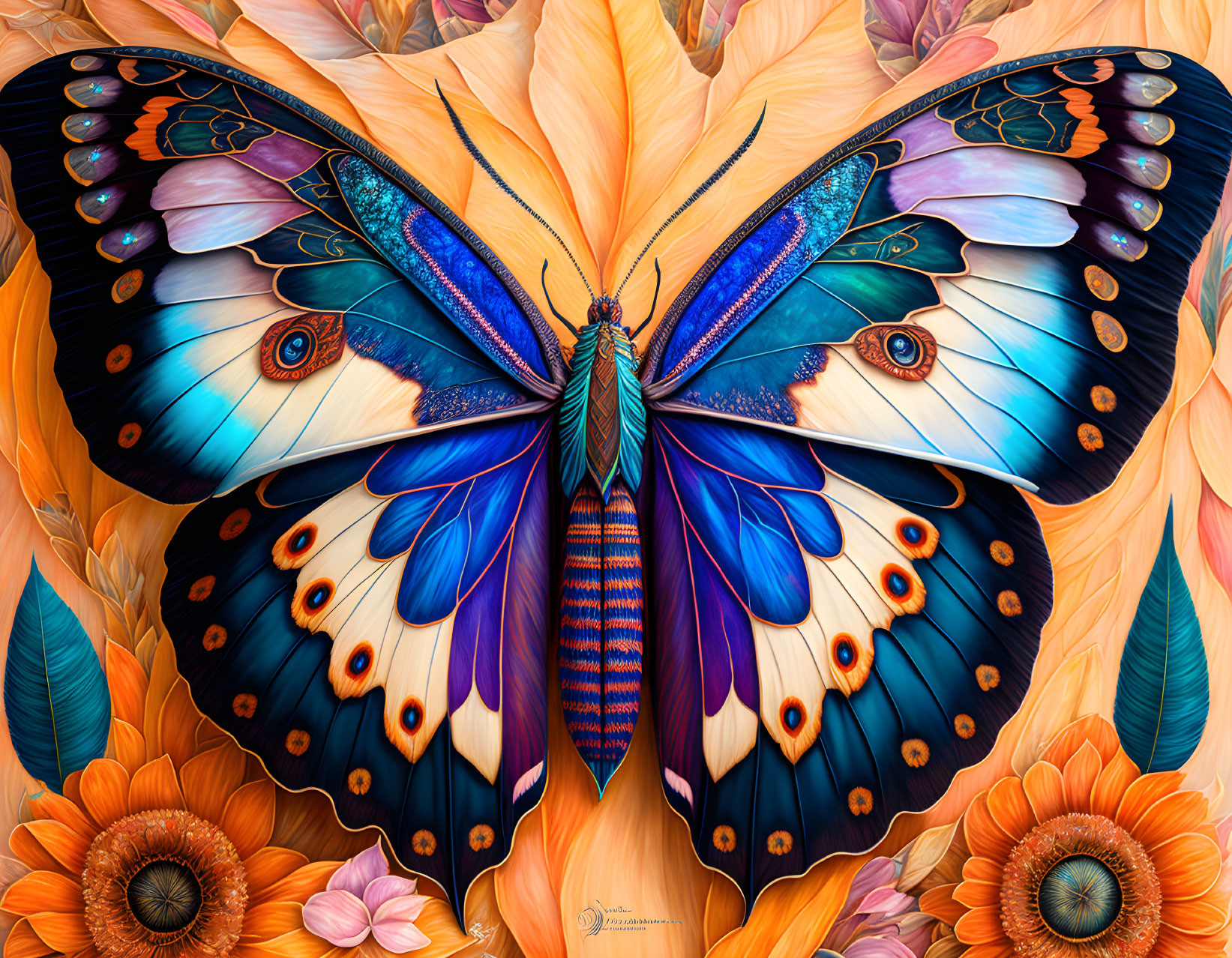 Colorful Butterfly with Detailed Wings on Orange Petals and Sunflowers