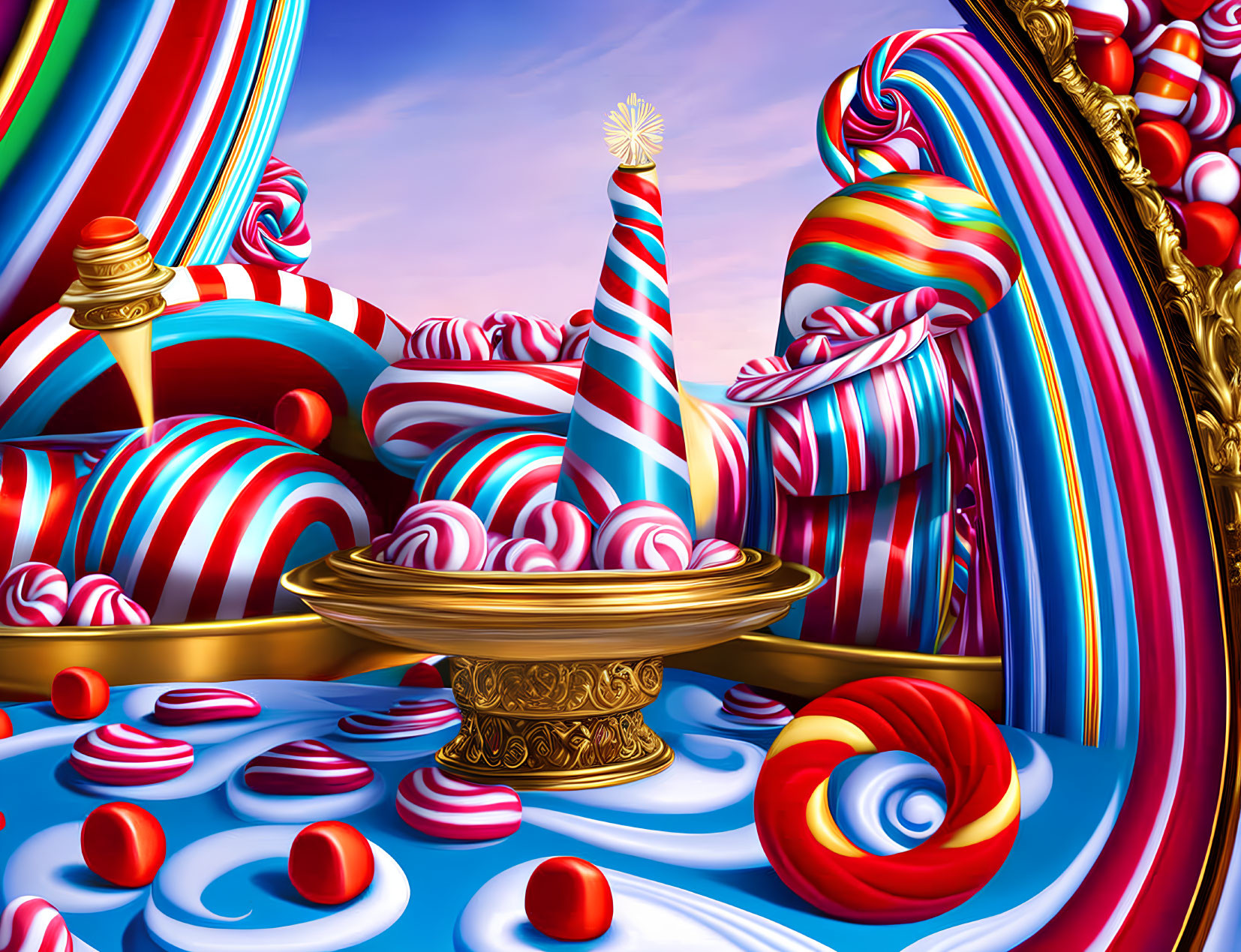 Whimsical candy land digital artwork with vibrant colors