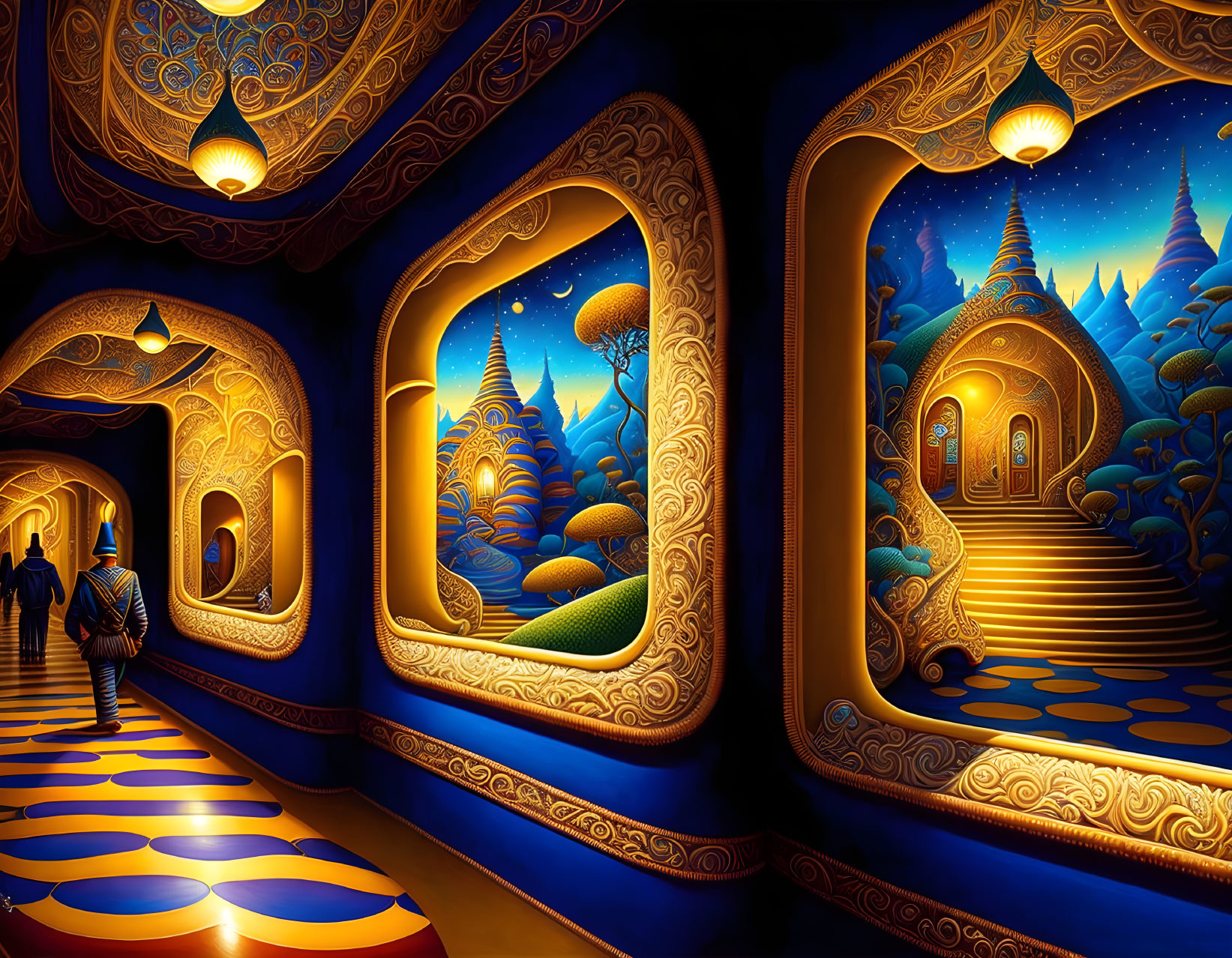 Colorful artwork of ornate corridor with arches and whimsical landscapes, person wandering.