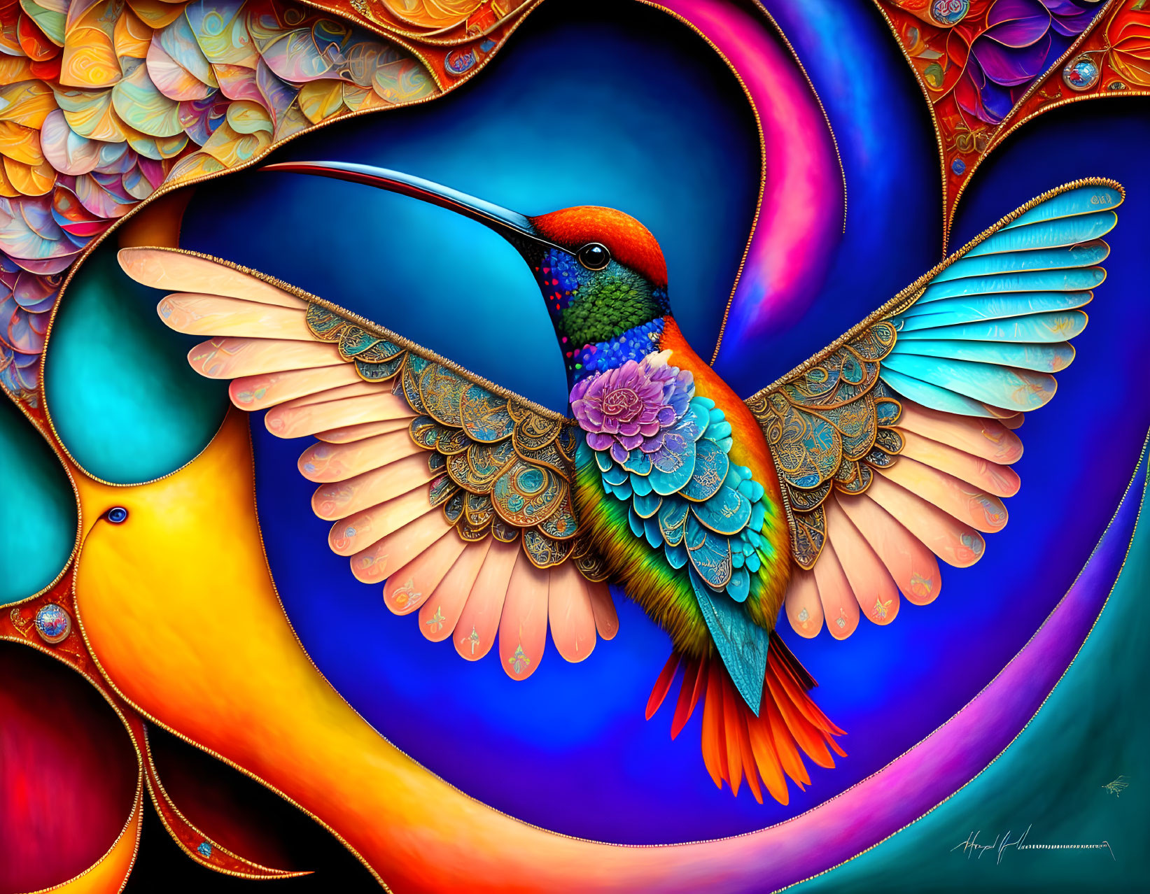 Colorful Stylized Hummingbird Artwork with Abstract Background