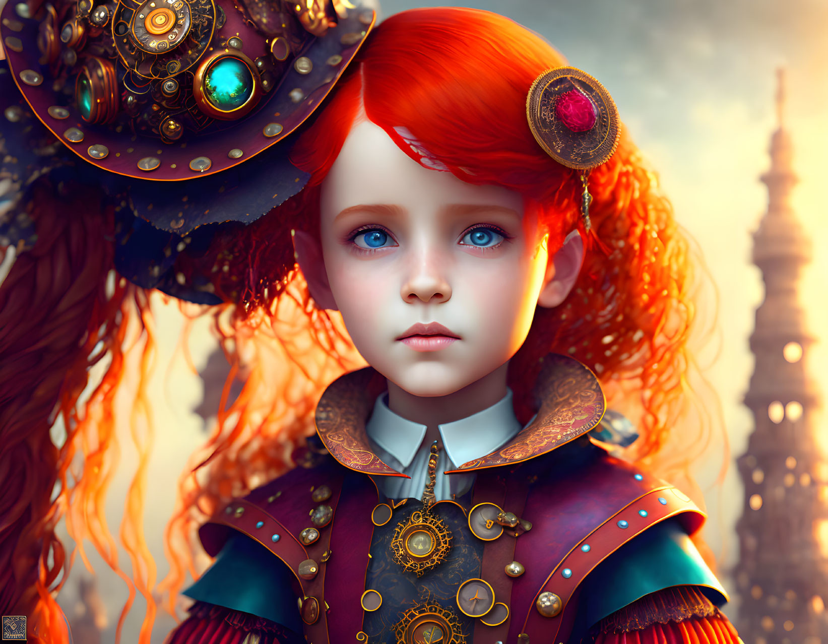 Digital Artwork: Young Girl with Red Hair in Steampunk Attire