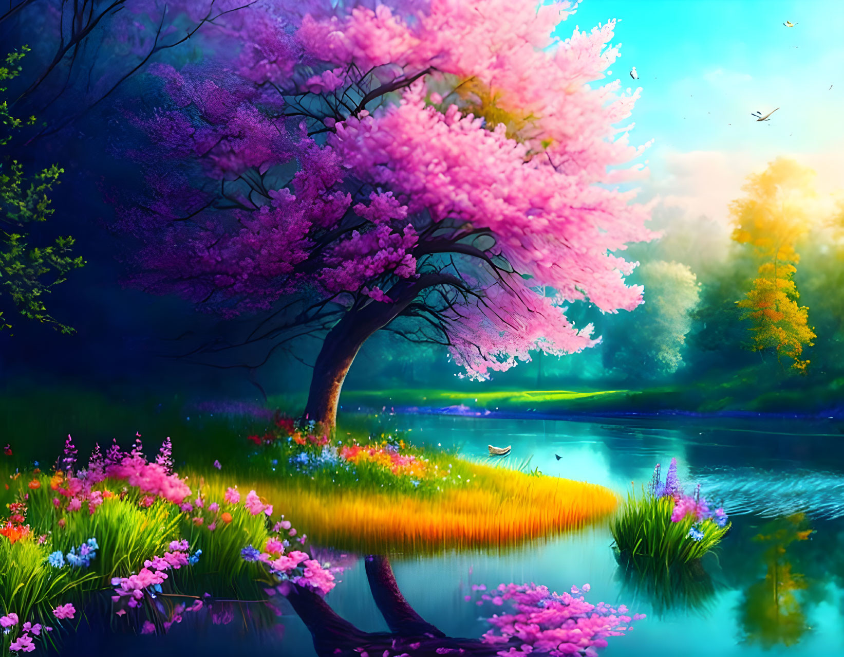 Colorful landscape: Pink blossoming tree, river, greenery, flowers, sunlight, birds