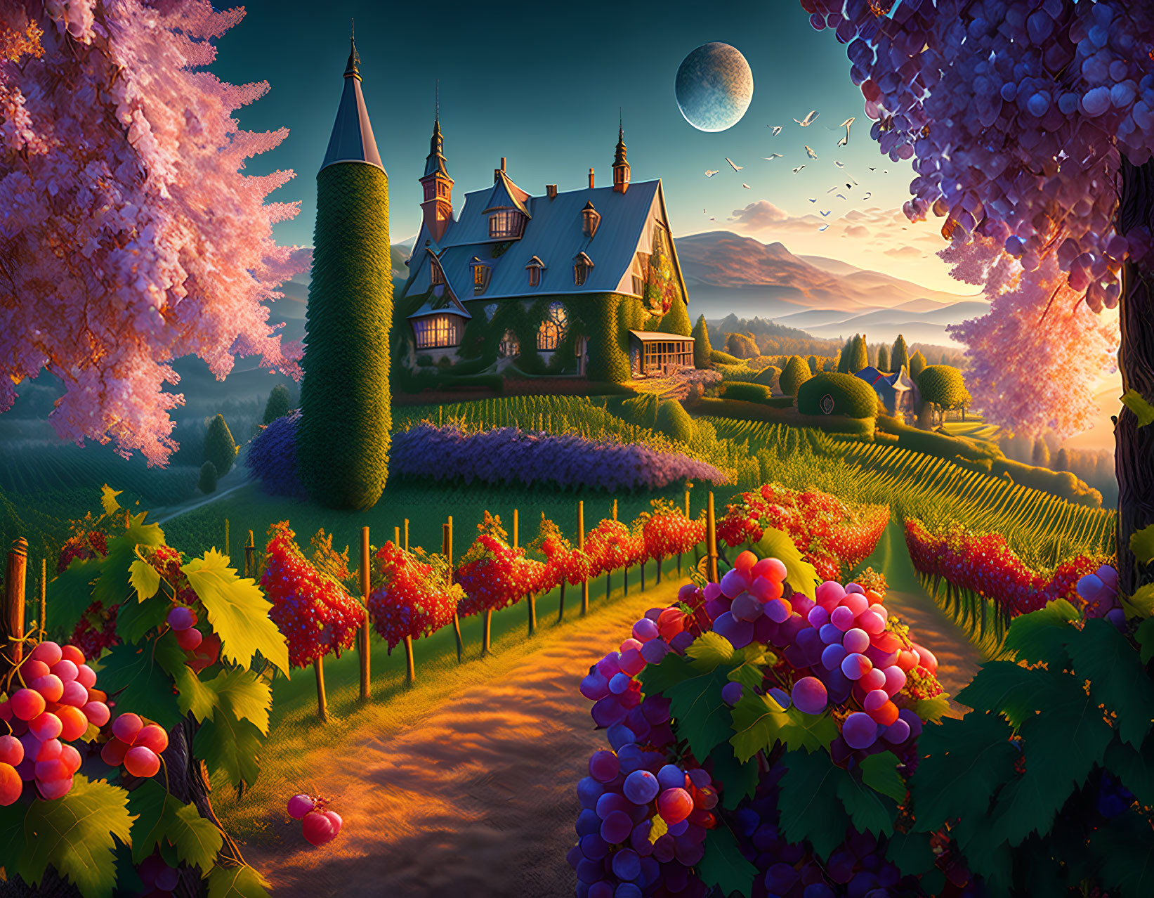 Colorful Vineyard Illustration with Castle and Moonrise at Sunset