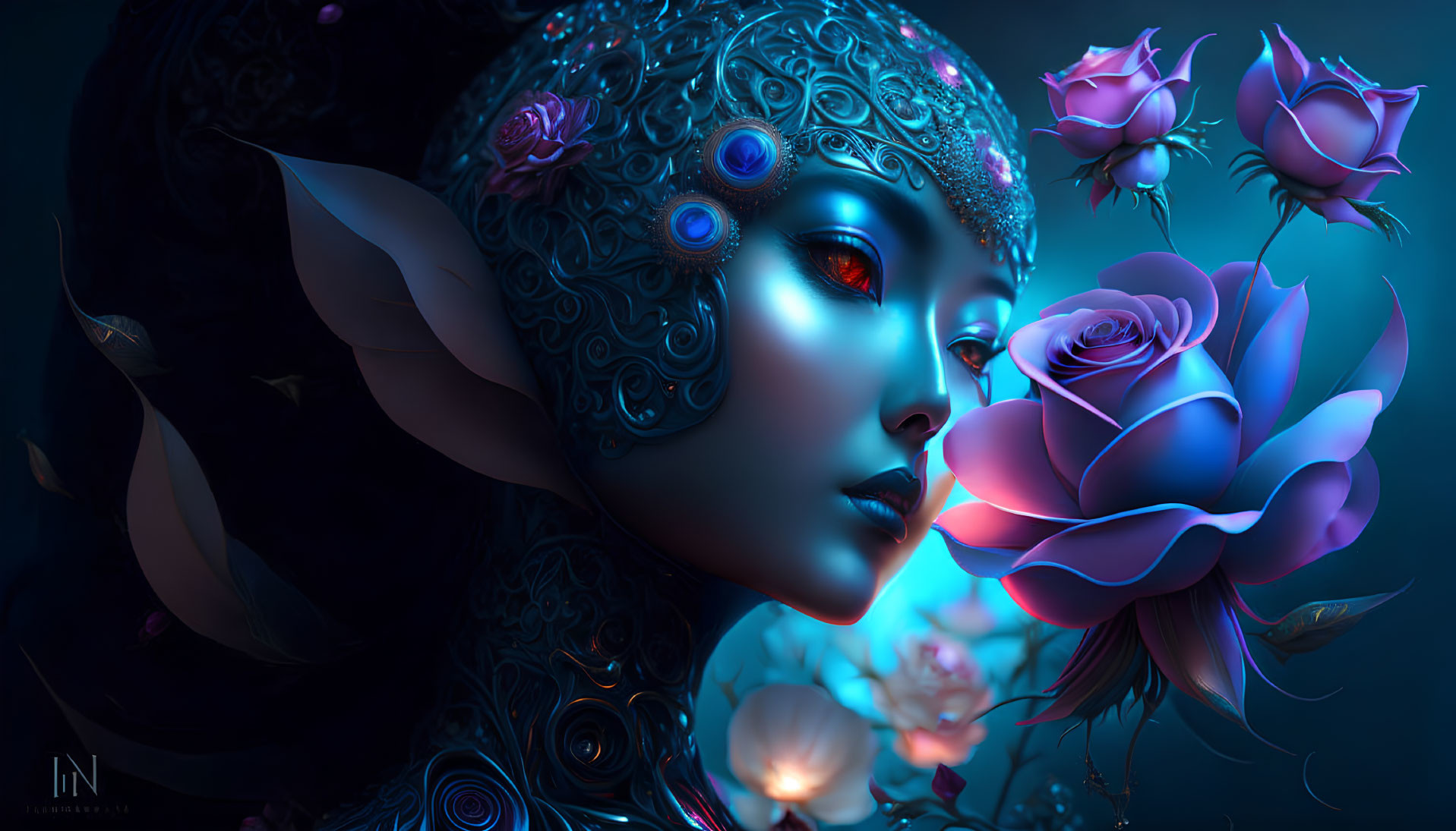 Mystical female figure with ornate headgear and glowing red eyes among vibrant flowers