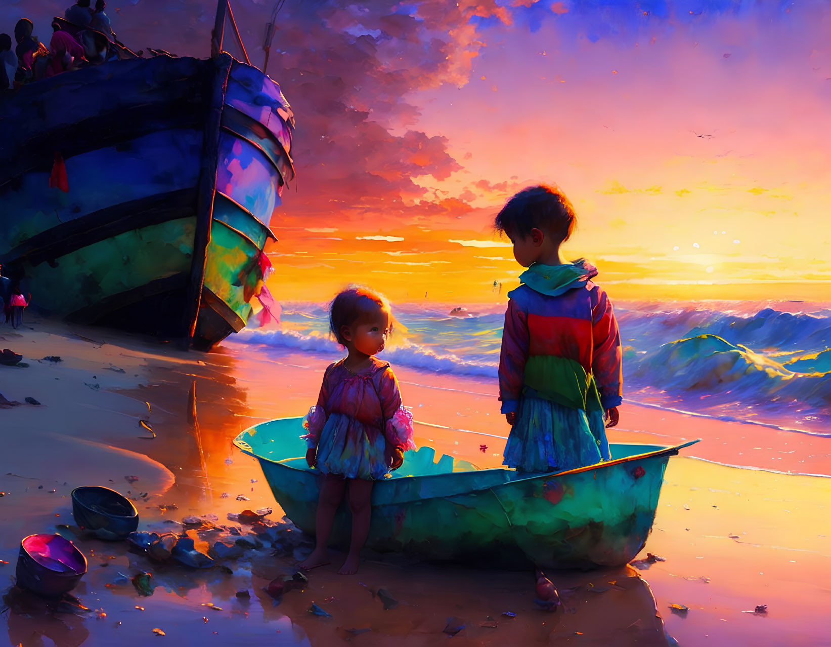 Children standing by small boat on beach at vibrant sunset with ship and waves in distance