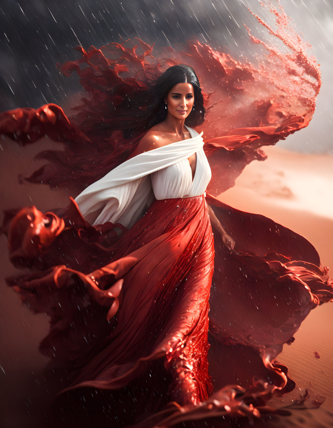 Woman in red dress with flowing fabric extensions in rain under moody sunset.