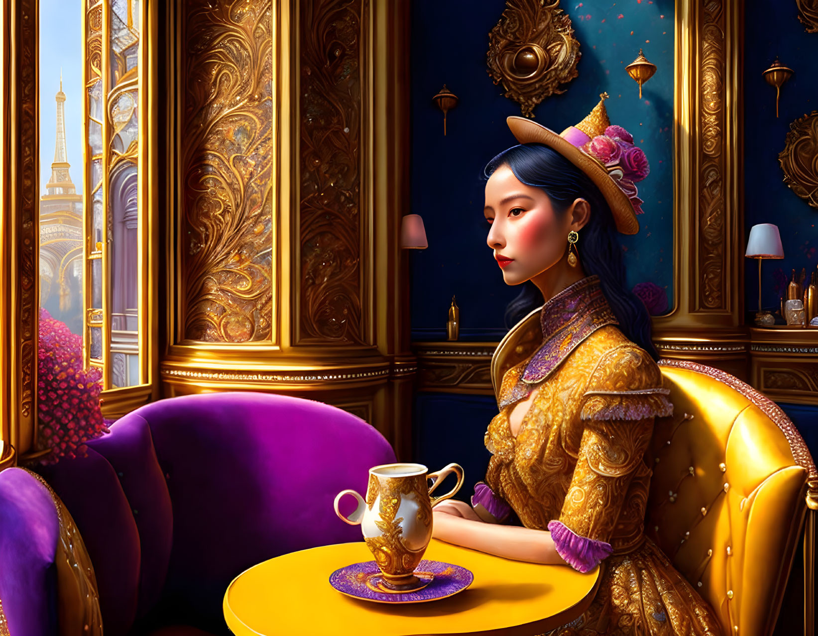 Illustration of woman in yellow dress at table in luxurious room with Eiffel Tower view