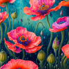 Detailed Red and Orange Poppies in Teal Setting