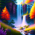 Colorful waterfall painting with trees and flowers in soft light