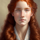 Portrait of woman with red hair, blue eyes, white blouse & necklace