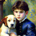 Portrait of Young Boy Embracing Puppy in Blue Outfit