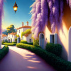 Tranquil street scene with white houses, ivy, wisteria flowers, and vintage lamps