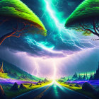 Surreal landscape with road, trees, lightning, and luminous horizon