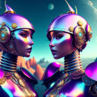 Intricate golden-armored humanoid robots in alien landscape