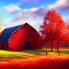 Scenic autumn landscape with red barn and golden-orange trees