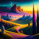 Robed Figure in Surreal Dusk Landscape with Vibrant Colors