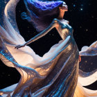 Illustration of woman merging with starry cosmos in flowing robes.