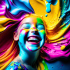 Colorful Paint Swirls Around Joyful Girl