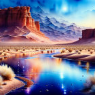 Tranquil twilight desert landscape with layered rocks, reflective water, and gradient sky